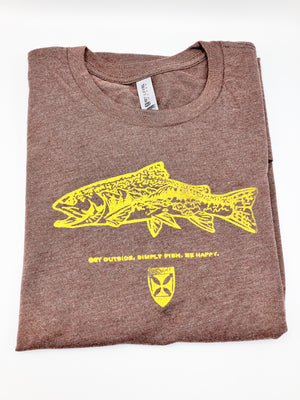Open image in slideshow, Hand Stamped Tee Shirts: Brown with Rock Hopper Trout
