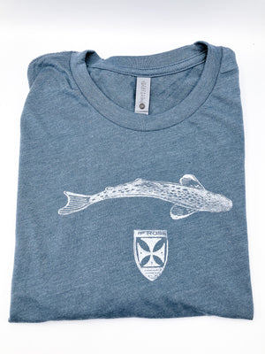 Hand Stamped Tee Shirts: Blue with zen trout