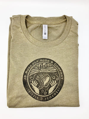 Open image in slideshow, Hand Stamped Tee Shirts: Military Olive Green
